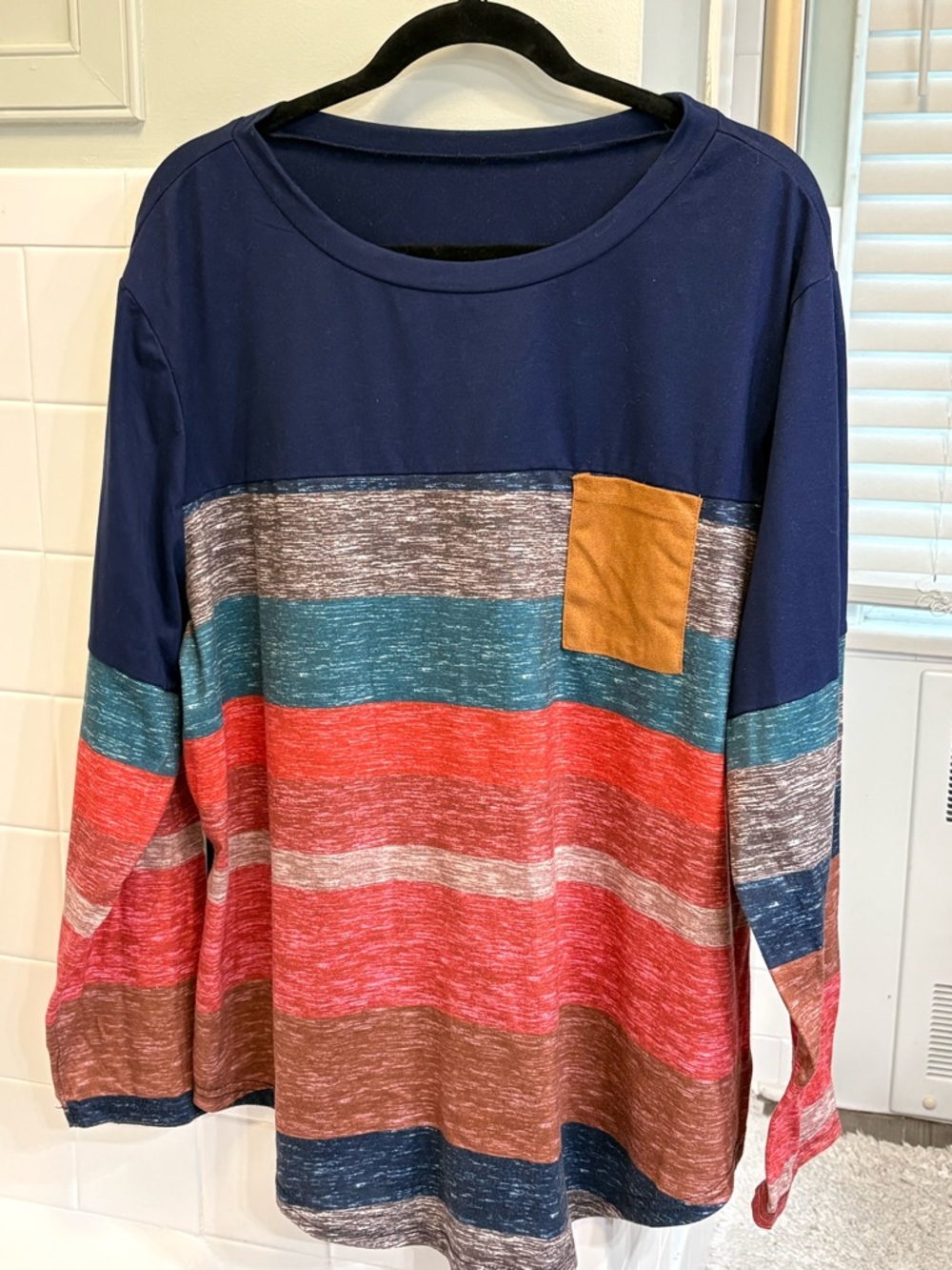 3X Striped Multicolor Long Sleeve Top with Chest Pocket